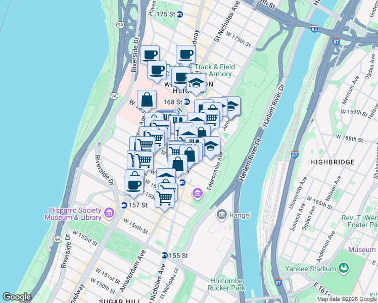 map of restaurants, bars, coffee shops, grocery stores, and more near 509 West 163rd Street in New York
