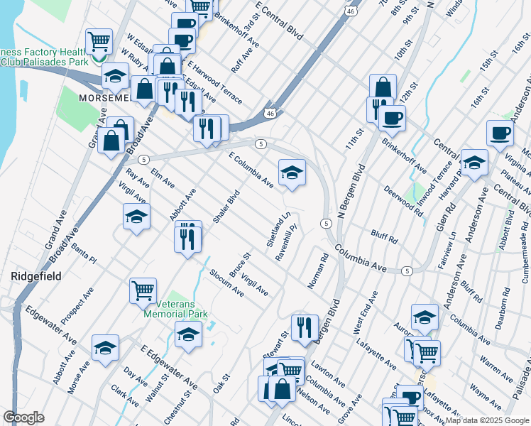 map of restaurants, bars, coffee shops, grocery stores, and more near 645 Maple Avenue in Ridgefield