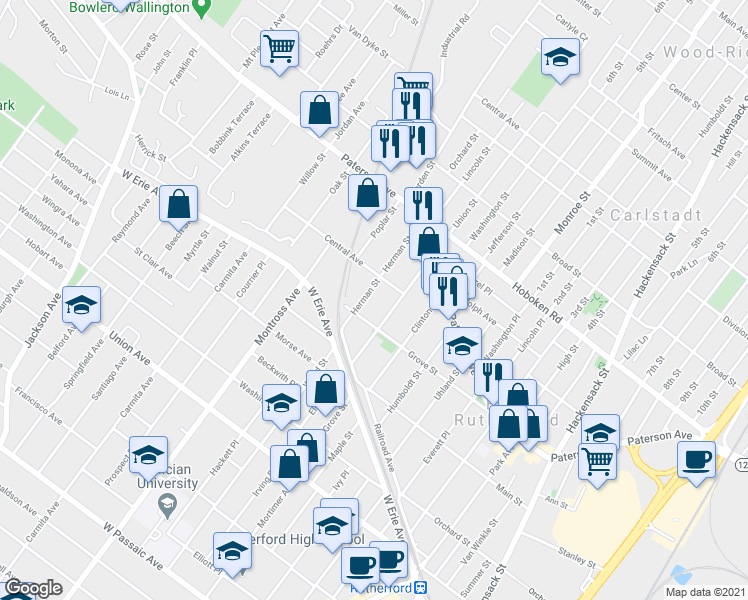 map of restaurants, bars, coffee shops, grocery stores, and more near 90 Herman Street in East Rutherford