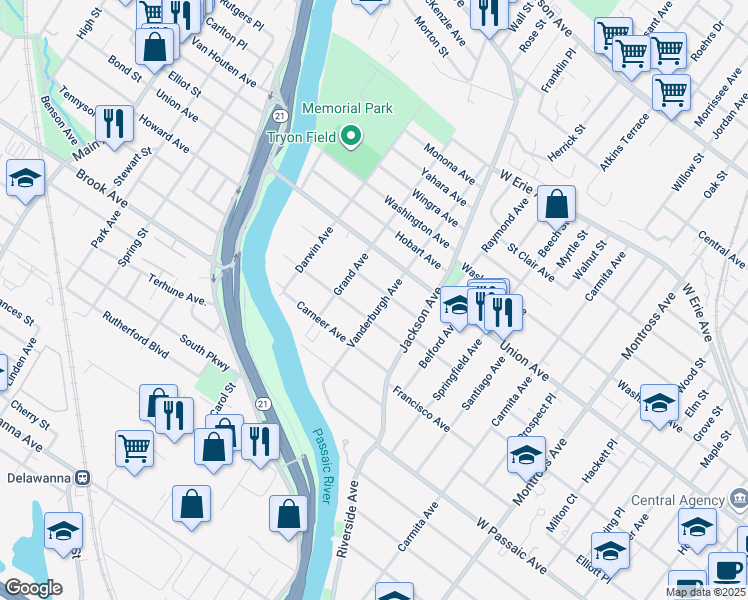 map of restaurants, bars, coffee shops, grocery stores, and more near 40 Hastings Avenue in Rutherford