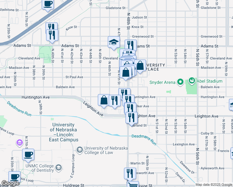 map of restaurants, bars, coffee shops, grocery stores, and more near 4626 Huntington Avenue in Lincoln