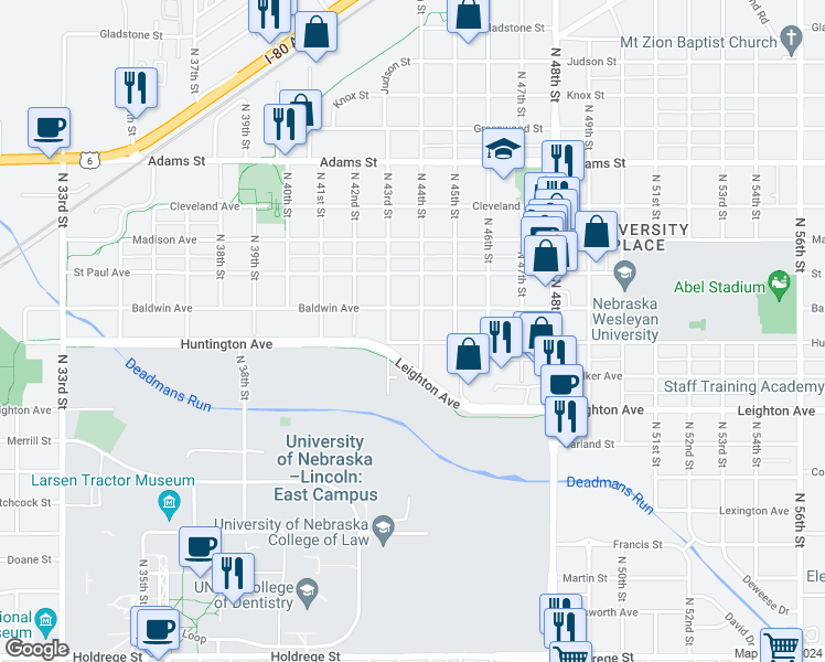 map of restaurants, bars, coffee shops, grocery stores, and more near 4412 Huntington Avenue in Lincoln