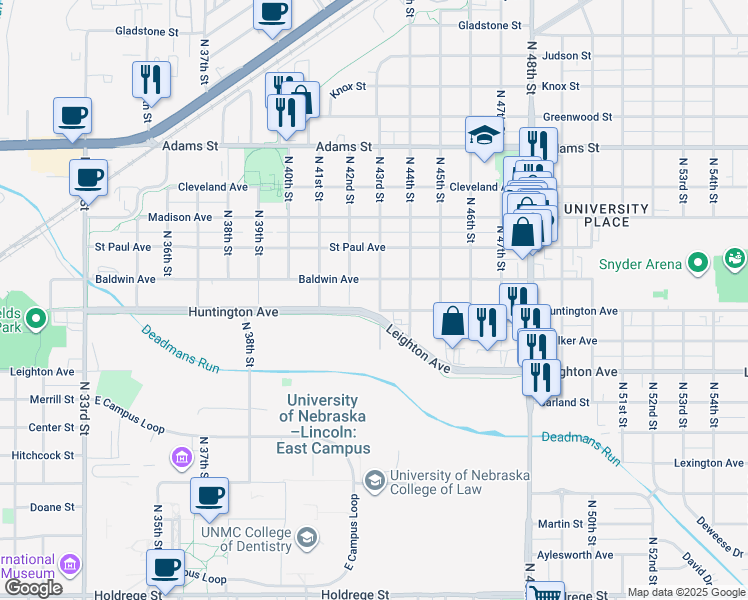 map of restaurants, bars, coffee shops, grocery stores, and more near 4302 Huntington Avenue in Lincoln