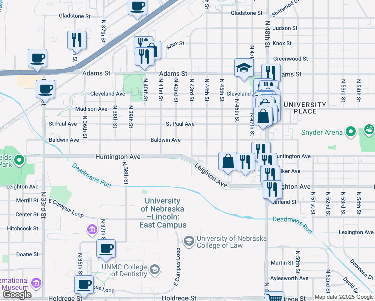 map of restaurants, bars, coffee shops, grocery stores, and more near 4302 Huntington Avenue in Lincoln