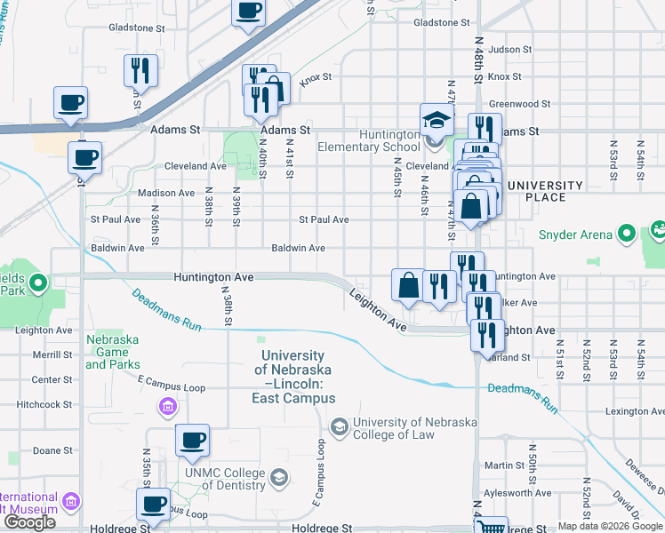 map of restaurants, bars, coffee shops, grocery stores, and more near 4302 Huntington Avenue in Lincoln