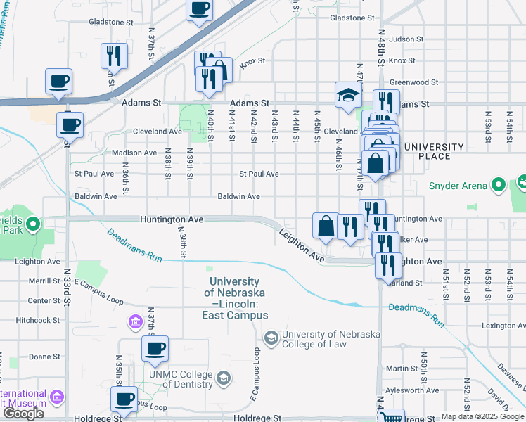 map of restaurants, bars, coffee shops, grocery stores, and more near 4132 Huntington Avenue in Lincoln