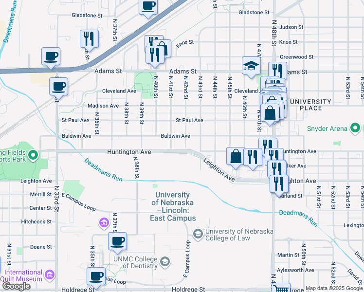 map of restaurants, bars, coffee shops, grocery stores, and more near 4132 Huntington Avenue in Lincoln