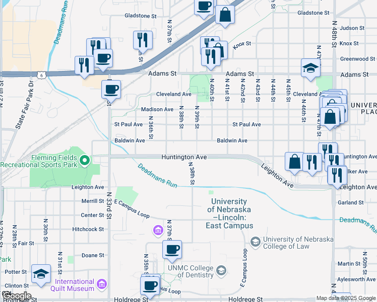 map of restaurants, bars, coffee shops, grocery stores, and more near 3835 Baldwin Avenue in Lincoln