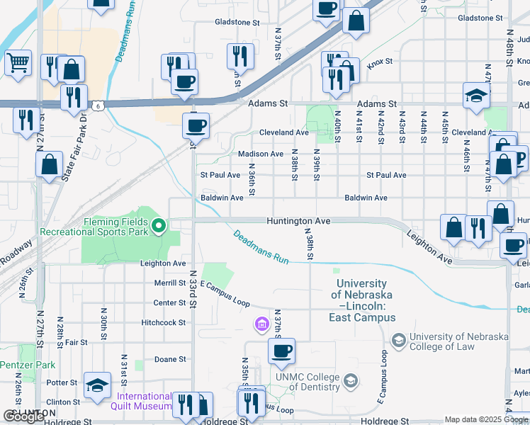 map of restaurants, bars, coffee shops, grocery stores, and more near 3600 Huntington Avenue in Lincoln