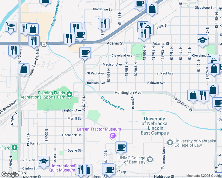 map of restaurants, bars, coffee shops, grocery stores, and more near 3600 Huntington Avenue in Lincoln