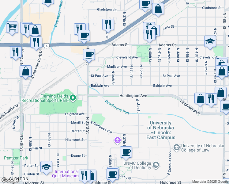 map of restaurants, bars, coffee shops, grocery stores, and more near 3600 Huntington Avenue in Lincoln