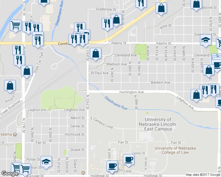map of restaurants, bars, coffee shops, grocery stores, and more near 3600 Huntington Avenue in Lincoln