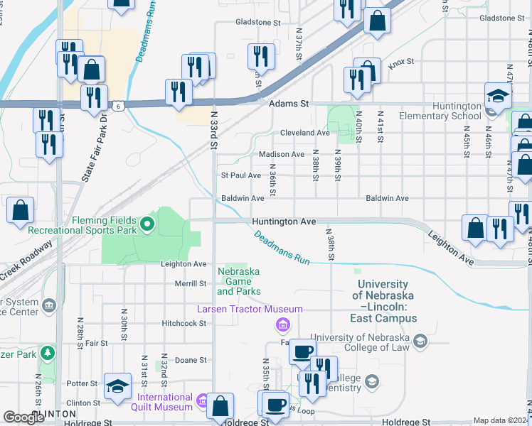 map of restaurants, bars, coffee shops, grocery stores, and more near 3600 Huntington Avenue in Lincoln