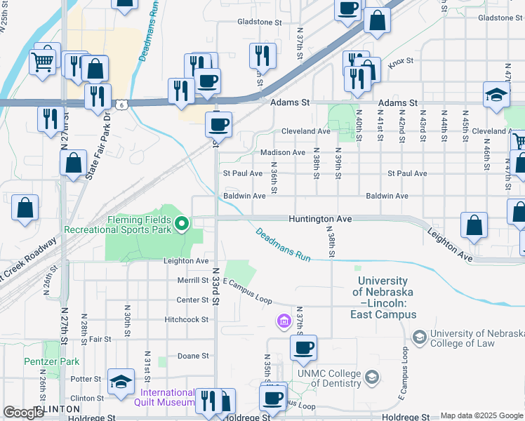 map of restaurants, bars, coffee shops, grocery stores, and more near 3500 Huntington Avenue in Lincoln
