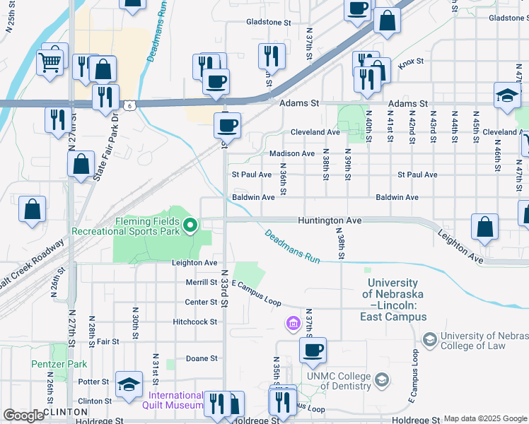 map of restaurants, bars, coffee shops, grocery stores, and more near 3500 Huntington Avenue in Lincoln