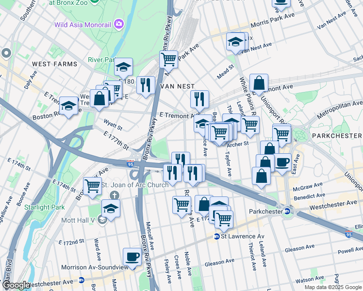 map of restaurants, bars, coffee shops, grocery stores, and more near 1491 Rosedale Avenue in Bronx
