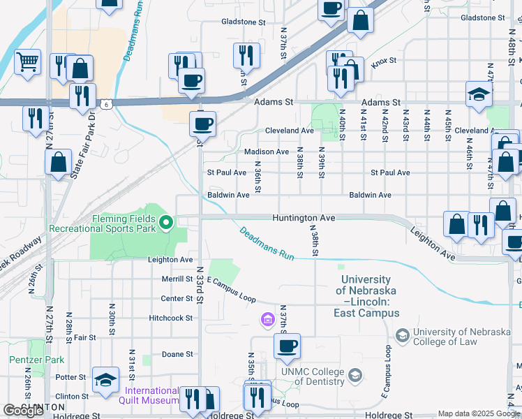 map of restaurants, bars, coffee shops, grocery stores, and more near 3600 Huntington Avenue in Lincoln
