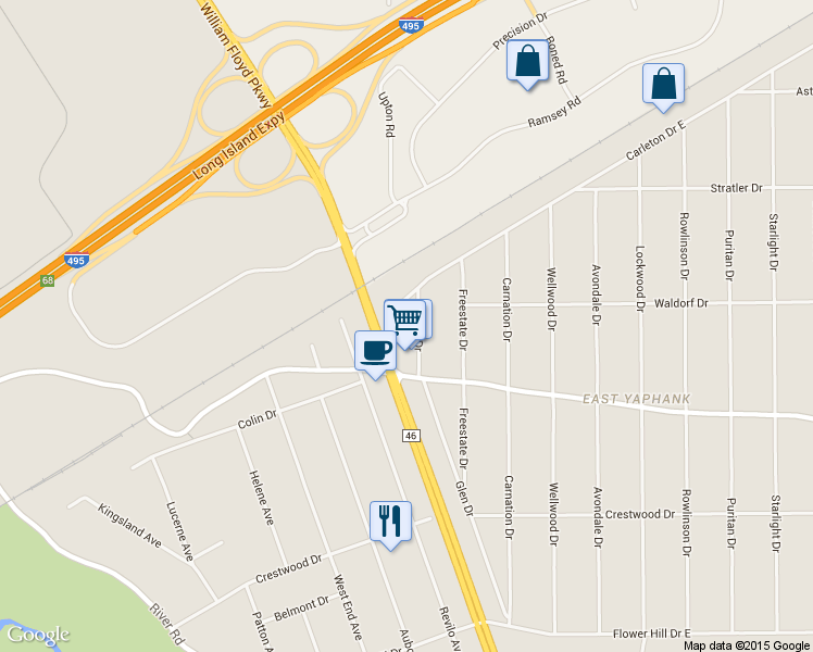 map of restaurants, bars, coffee shops, grocery stores, and more near 465 Glen Drive in Shirley