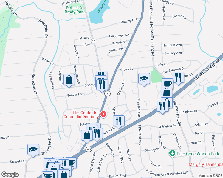 map of restaurants, bars, coffee shops, grocery stores, and more near 355 New York 111 in Smithtown