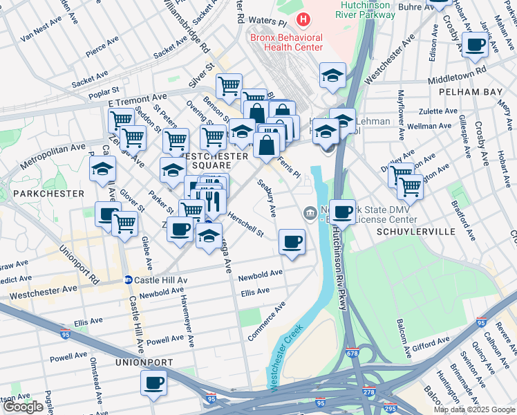 map of restaurants, bars, coffee shops, grocery stores, and more near 2474 Butler Place in The Bronx