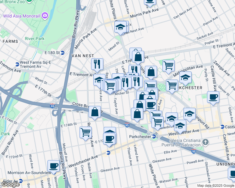 map of restaurants, bars, coffee shops, grocery stores, and more near 1828 Archer Street in Bronx
