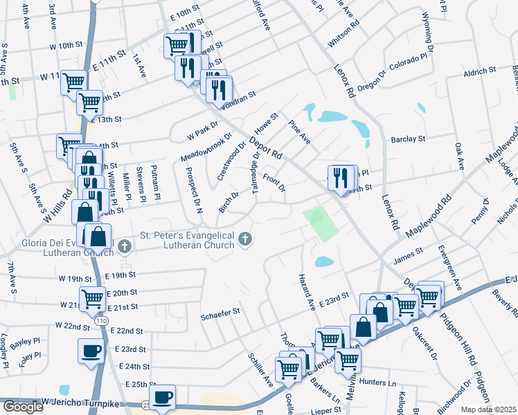 map of restaurants, bars, coffee shops, grocery stores, and more near 148 East 17th Street in Huntington Station
