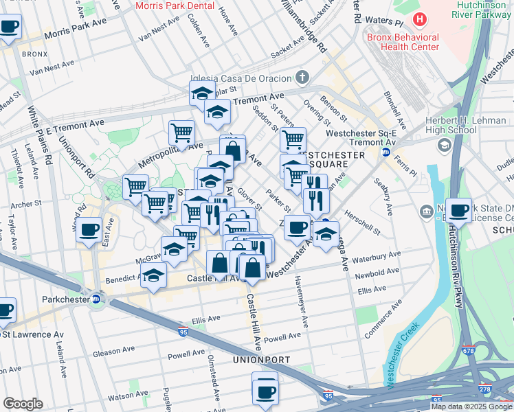 map of restaurants, bars, coffee shops, grocery stores, and more near 1551 Glover Street in Bronx