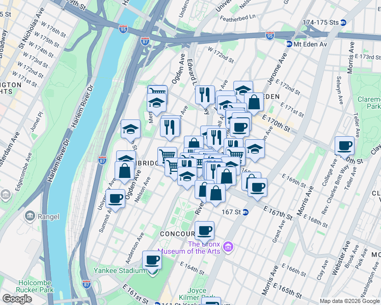 map of restaurants, bars, coffee shops, grocery stores, and more near 1220 Shakespeare Avenue in Bronx