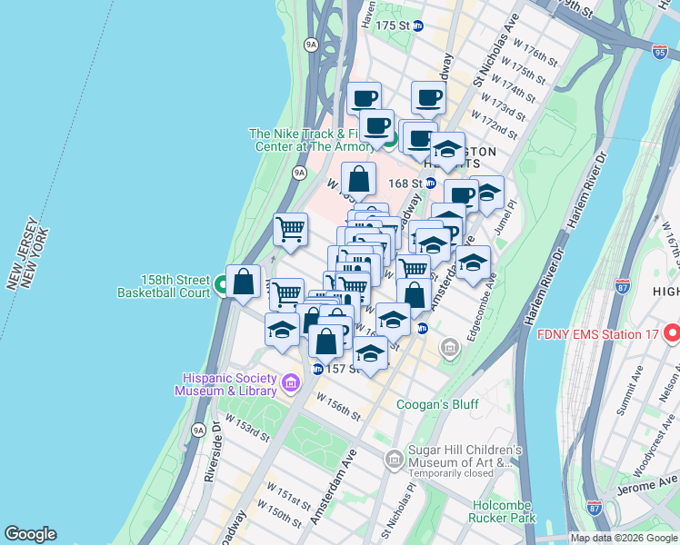 map of restaurants, bars, coffee shops, grocery stores, and more near 72 Fort Washington Avenue in New York