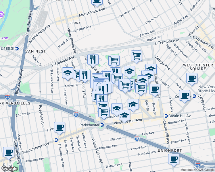 map of restaurants, bars, coffee shops, grocery stores, and more near 60 Metropolitan Oval in The Bronx