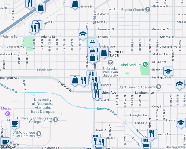 map of restaurants, bars, coffee shops, grocery stores, and more near 4740 Huntington Avenue in Lincoln