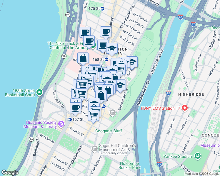map of restaurants, bars, coffee shops, grocery stores, and more near 2104 Amsterdam Avenue in New York