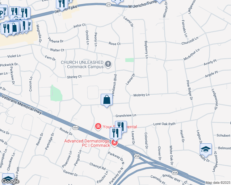 map of restaurants, bars, coffee shops, grocery stores, and more near 75 Wyandanch Boulevard in Smithtown