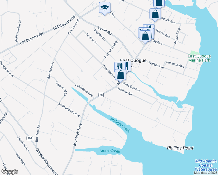 map of restaurants, bars, coffee shops, grocery stores, and more near 718 Montauk Highway in East Quogue