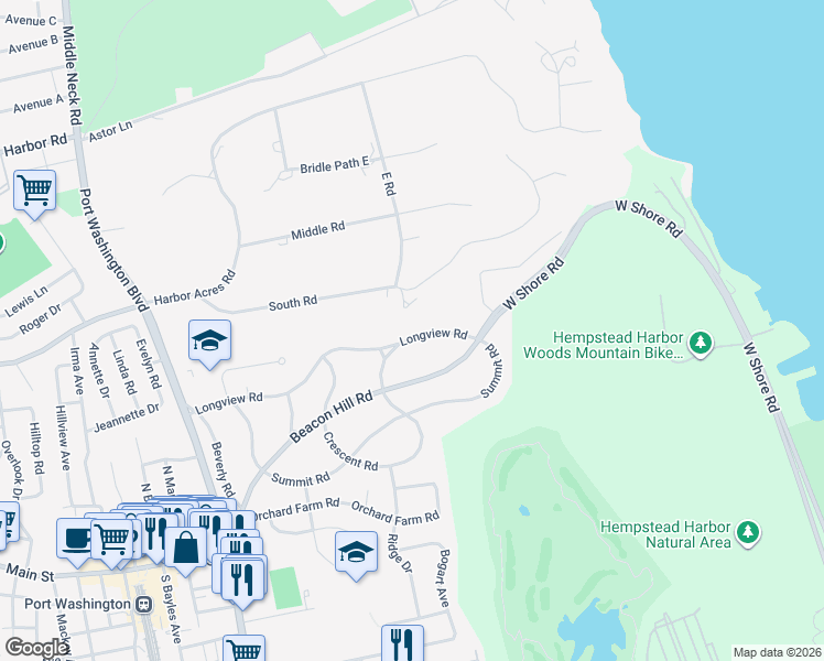 map of restaurants, bars, coffee shops, grocery stores, and more near 79 Longview Road in Port Washington