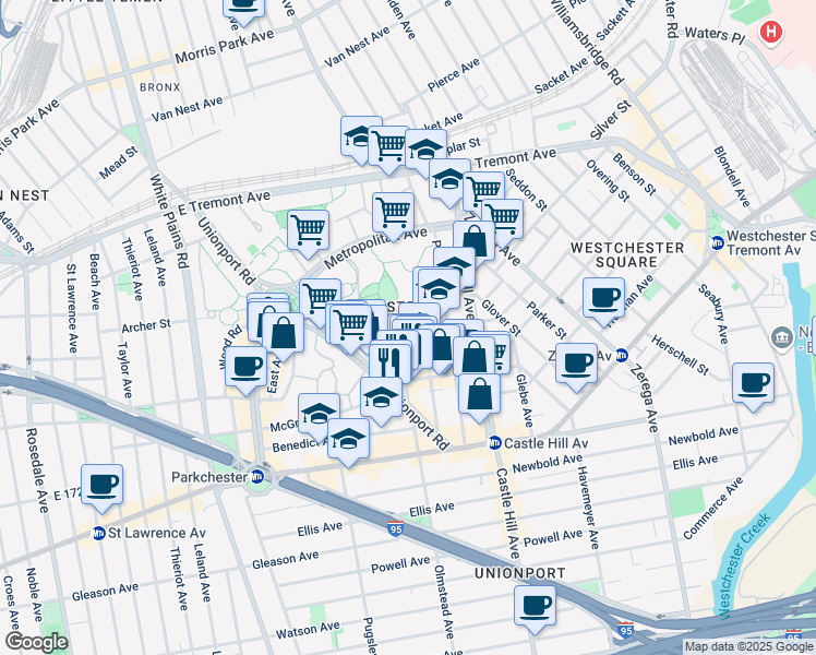 map of restaurants, bars, coffee shops, grocery stores, and more near 2075 Saint Raymond Avenue in Bronx