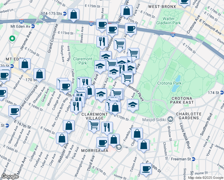 map of restaurants, bars, coffee shops, grocery stores, and more near Washington Ave & E 171st St in Bronx