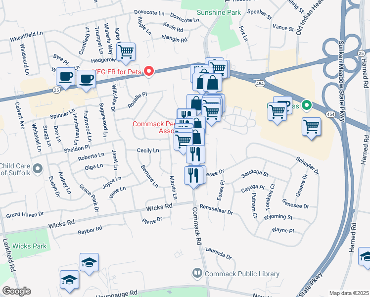 map of restaurants, bars, coffee shops, grocery stores, and more near 221 Commack Road in Commack
