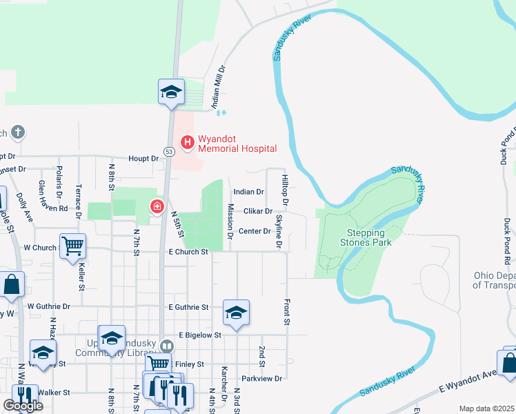 map of restaurants, bars, coffee shops, grocery stores, and more near 436 Clikar Drive in Upper Sandusky