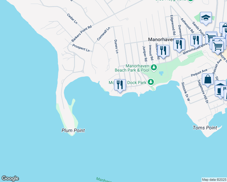 map of restaurants, bars, coffee shops, grocery stores, and more near 17 Sands Court in Port Washington