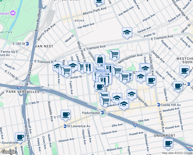 map of restaurants, bars, coffee shops, grocery stores, and more near 1499 West Avenue in Bronx