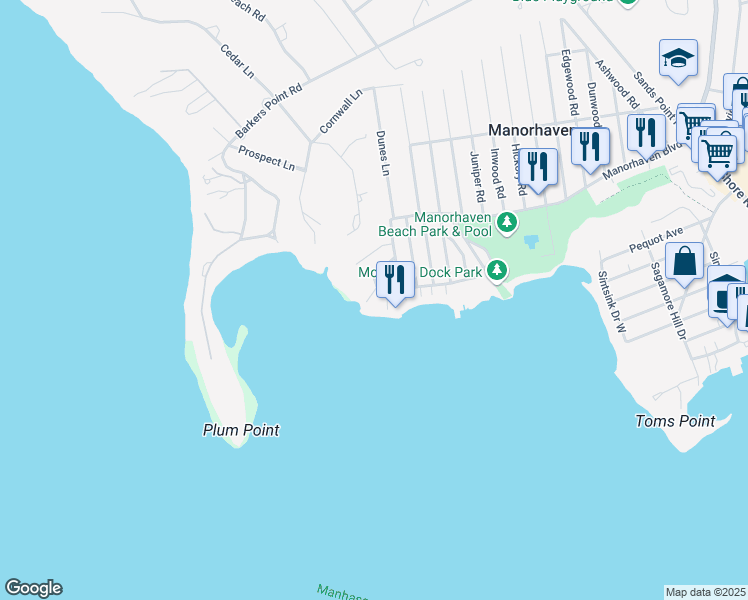 map of restaurants, bars, coffee shops, grocery stores, and more near 17 Sands Court in Port Washington