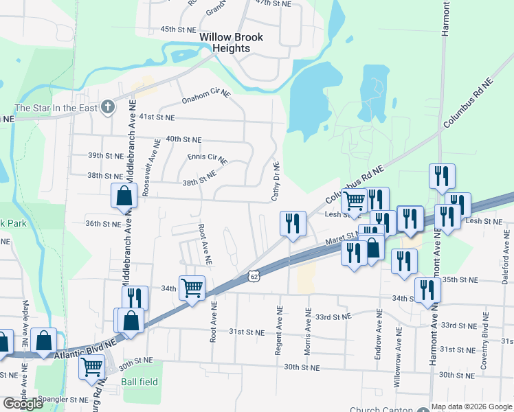 map of restaurants, bars, coffee shops, grocery stores, and more near 2518 Cathy Drive Northeast in Canton