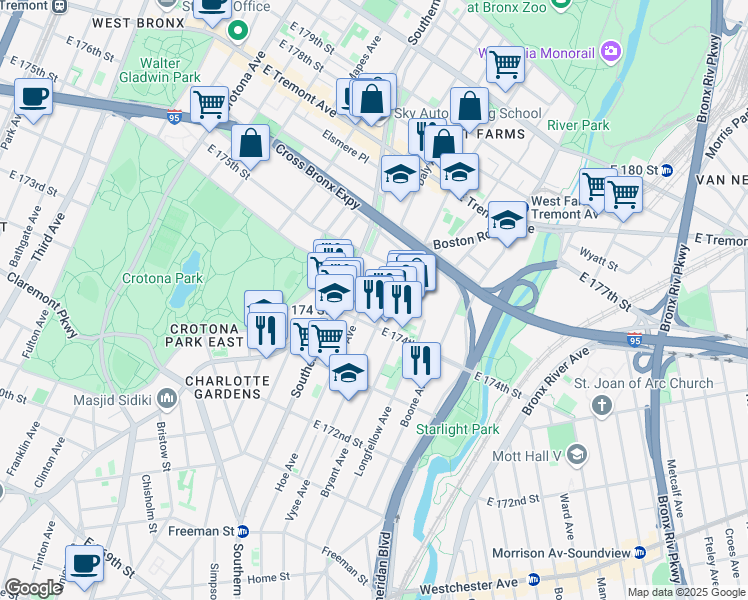 map of restaurants, bars, coffee shops, grocery stores, and more near in The Bronx