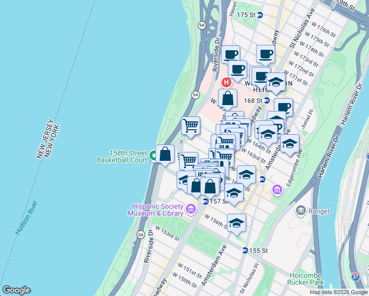 map of restaurants, bars, coffee shops, grocery stores, and more near 890 Riverside Drive in New York