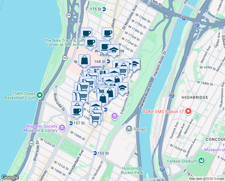 map of restaurants, bars, coffee shops, grocery stores, and more near 509 West 163rd Street in New York
