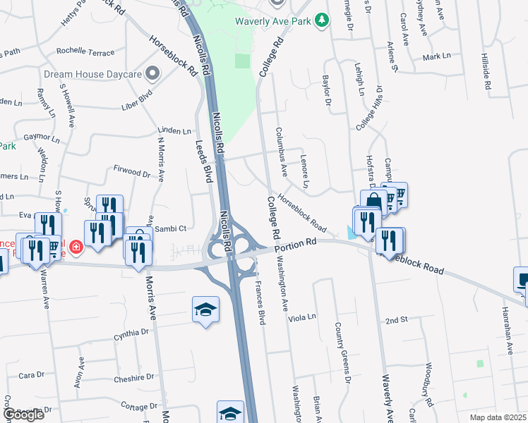 map of restaurants, bars, coffee shops, grocery stores, and more near 675 College Road in Farmingville