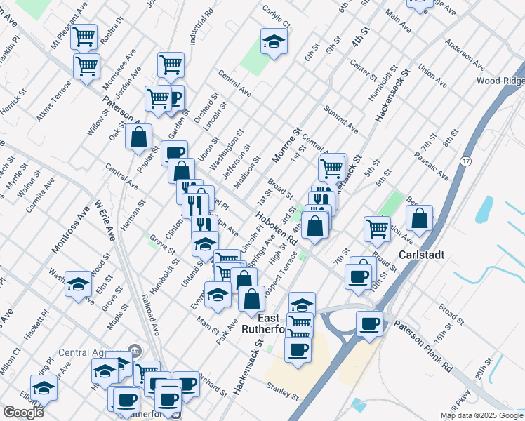 map of restaurants, bars, coffee shops, grocery stores, and more near 479 Hoboken Road in Carlstadt