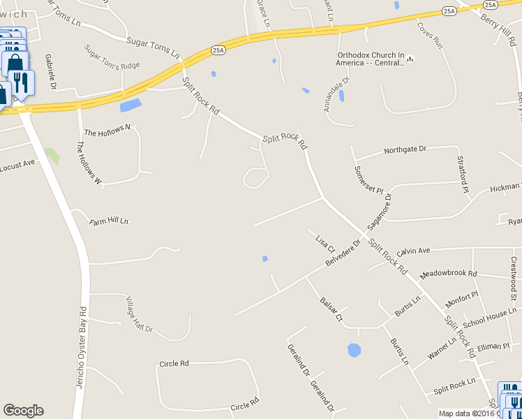 map of restaurants, bars, coffee shops, grocery stores, and more near 355 Split Rock Road in Syosset