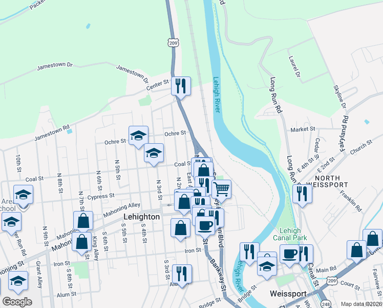 map of restaurants, bars, coffee shops, grocery stores, and more near 314 North 1st Street in Lehighton
